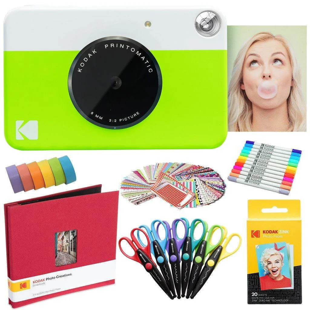 Kodak Kodak Printomatic Instant Camera Green Art Bundle 20 Sheets 12 Markers 100 Stickers 6 Scissors — product photo
