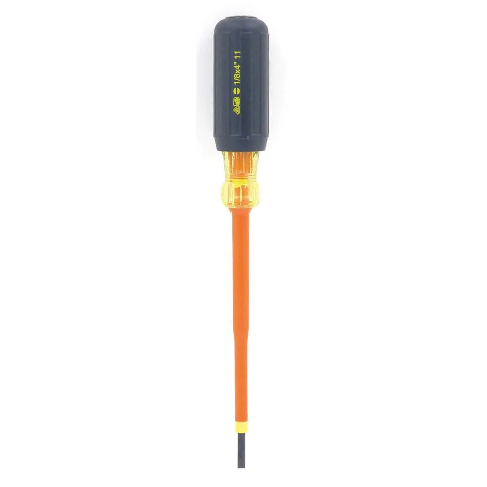 Yellow-handled insulated slotted screwdriver with black oxide tip and cushion grip