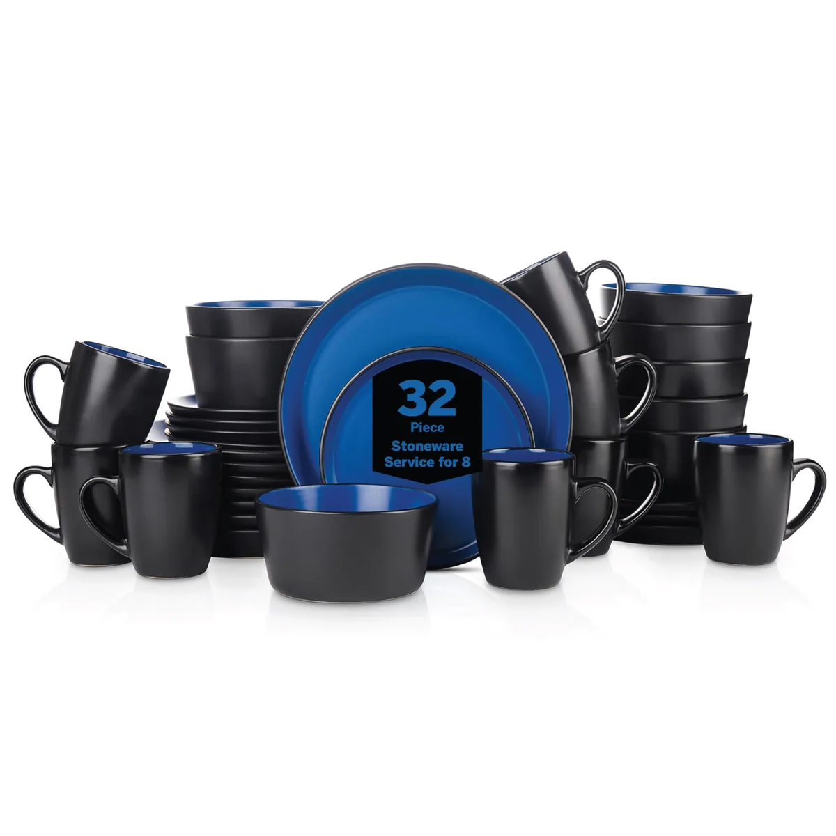 A 32-piece stoneware dinnerware set in matte blue and black, round plates and bowls with mugs, service for eight