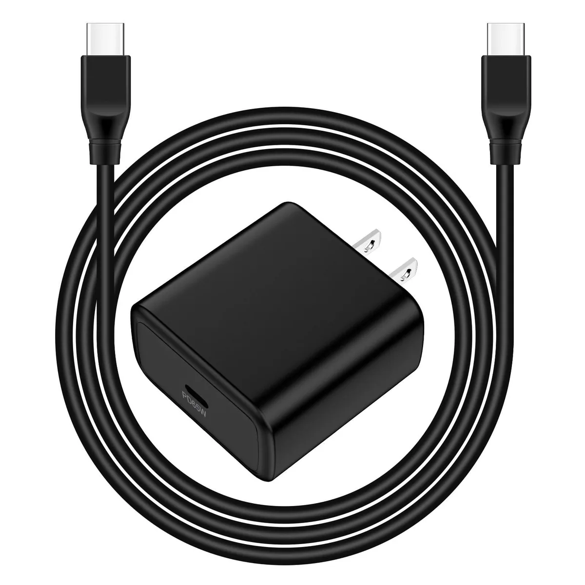 White rectangular USB-C wall charger with folding prongs and a six-foot white USB-C to USB-C cable coiled beside it