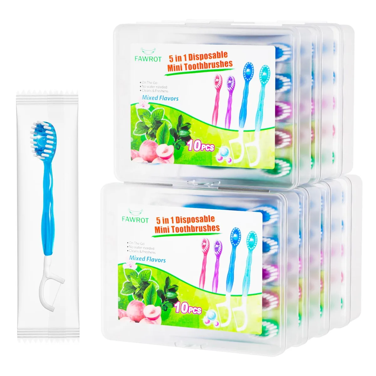 White disposable toothbrushes with built-in paste bead, tongue scraper, floss and pick, individually wrapped, 70 count