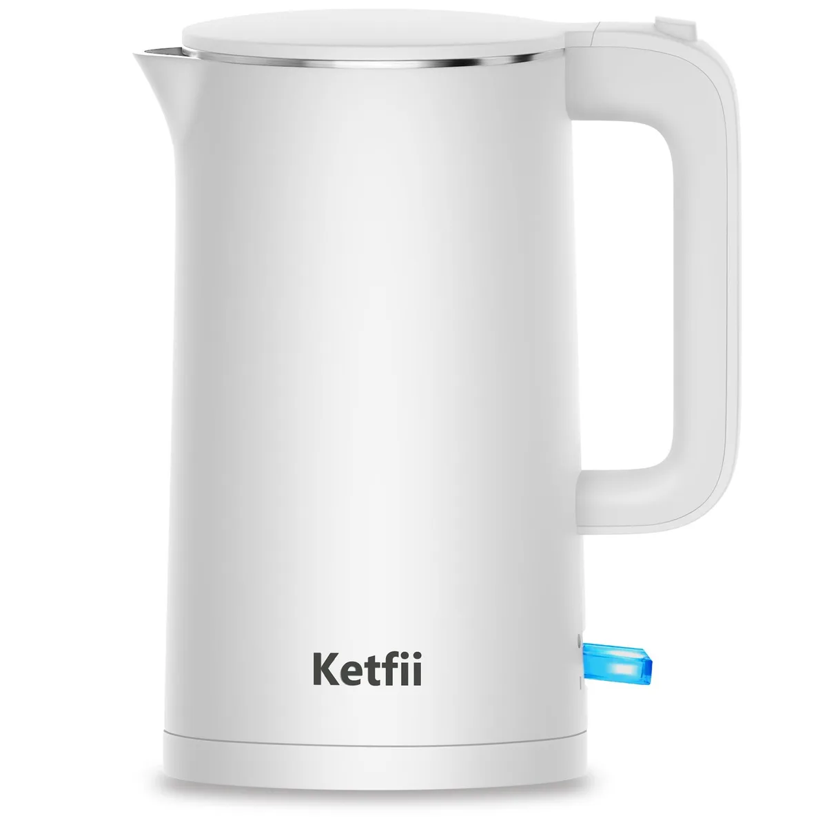 White electric kettle with double-walled body and 360-degree swivel base