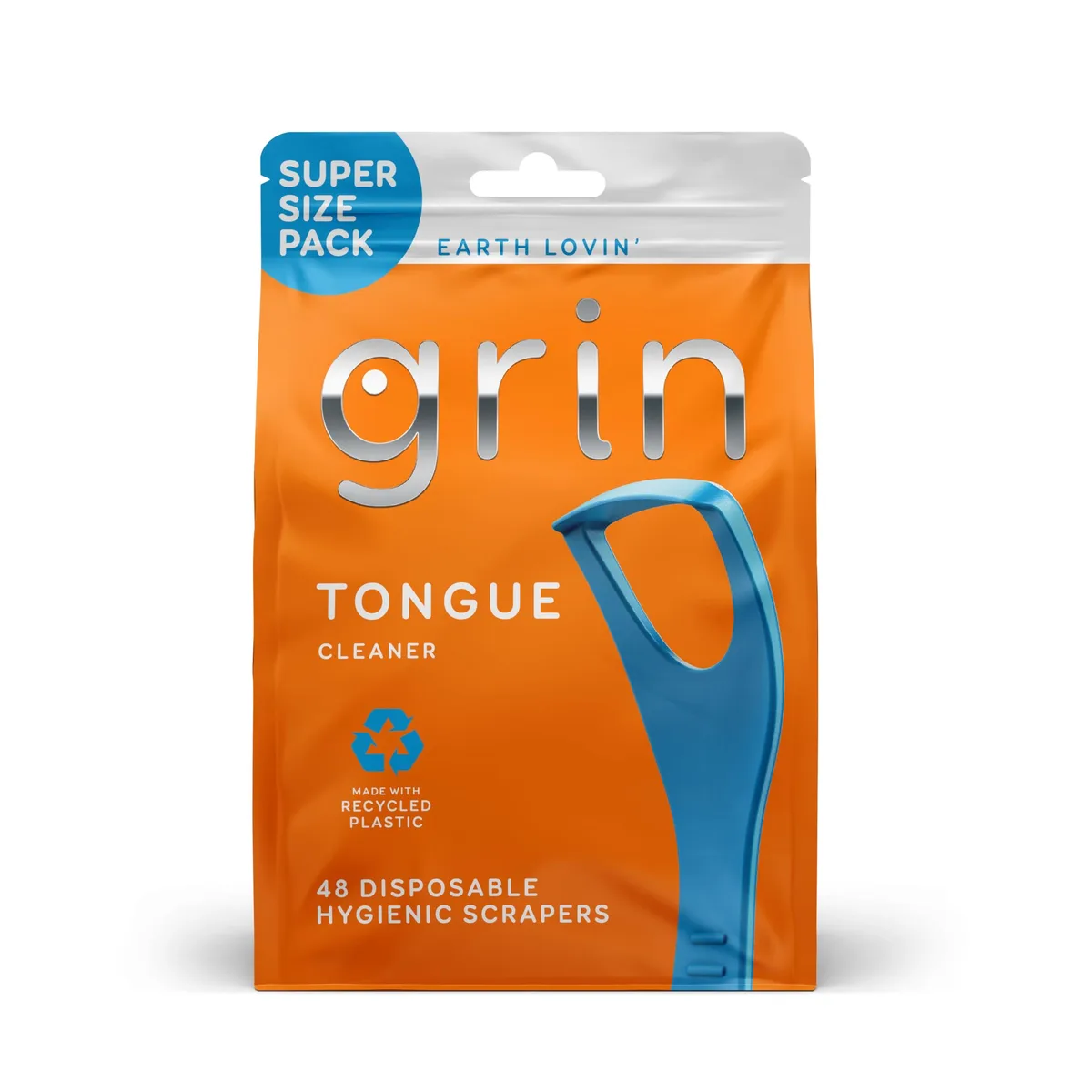 Box of 48 orange disposable tongue cleaners with fold-back picks