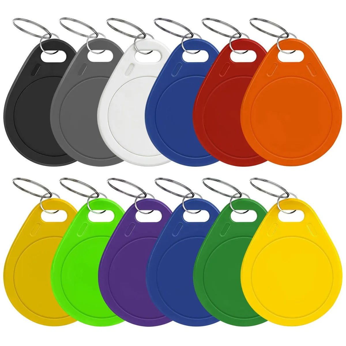 Twelve black key-fob RFID tags on metal rings