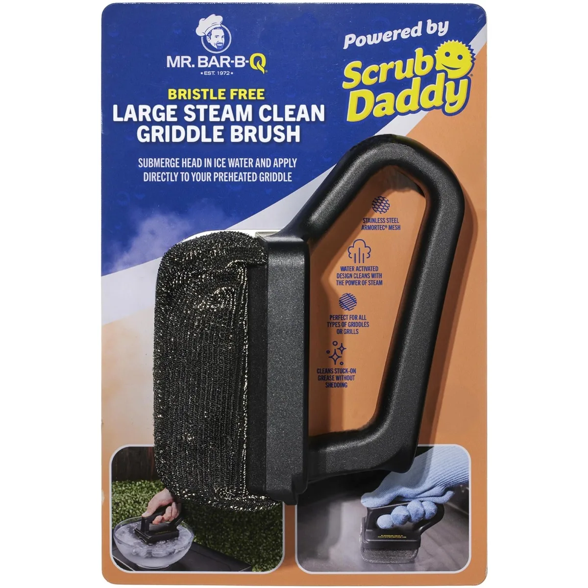 Rectangular griddle brush with stainless steel mesh head and long handle