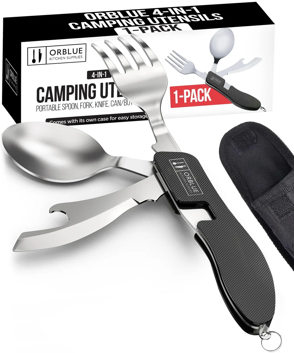 Black stainless-steel 4-in-1 camping utensil with spoon fork knife and bottle opener