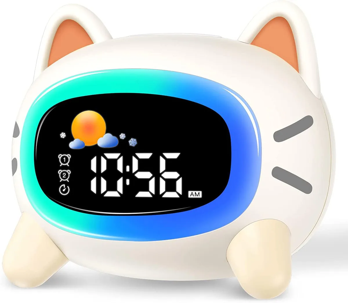 White cat-shaped desk clock with glowing ears and colour-changing display