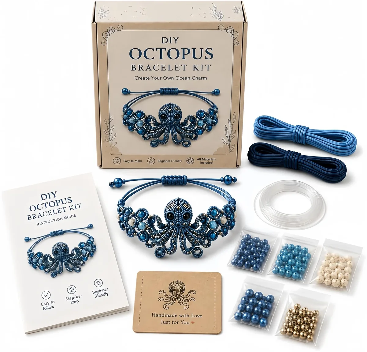 DIY beaded octopus bracelet kit with beads, thread, needle, cord and instruction sheet