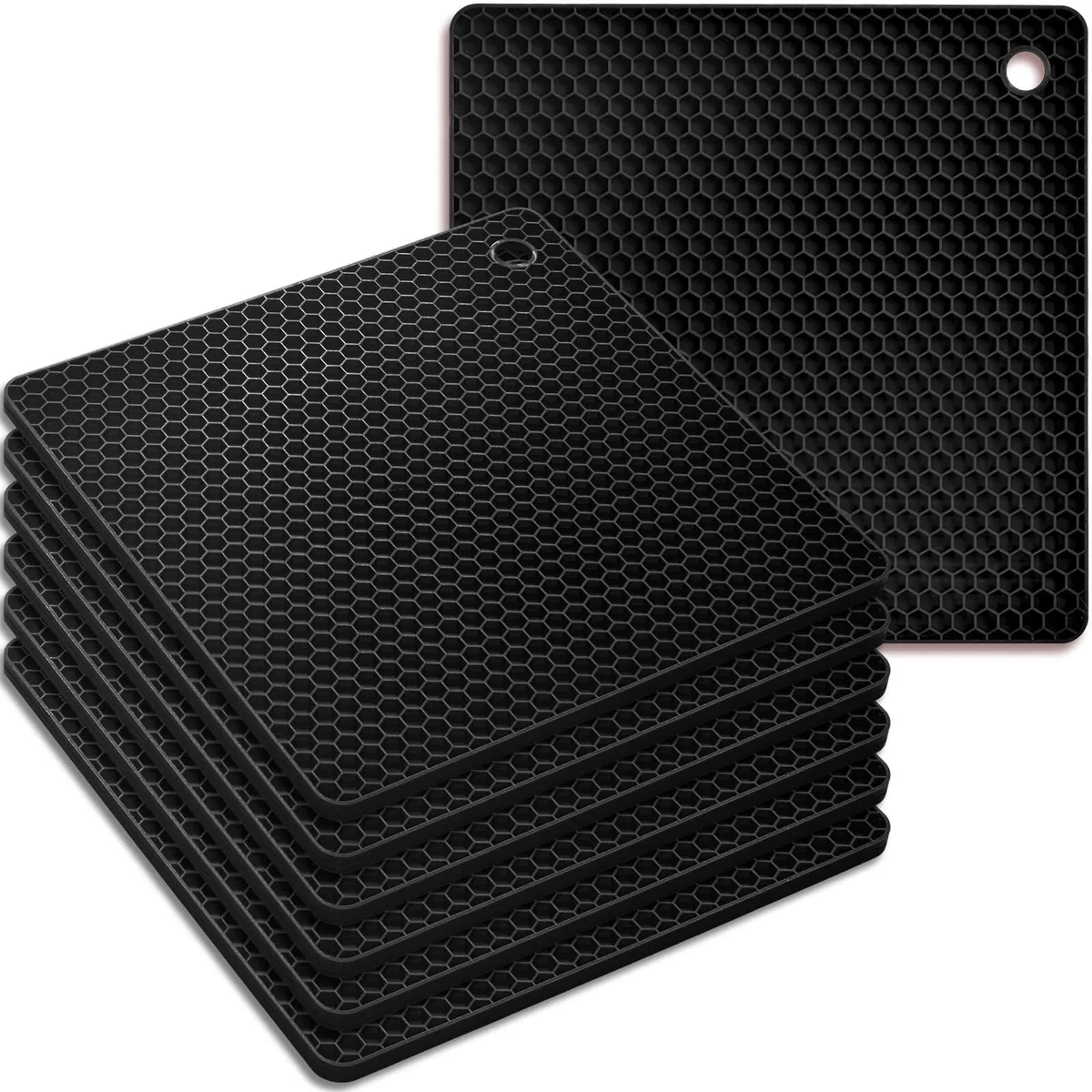 Six black square silicone mats with honeycomb texture and hanging holes, 7 by 7 inches each
