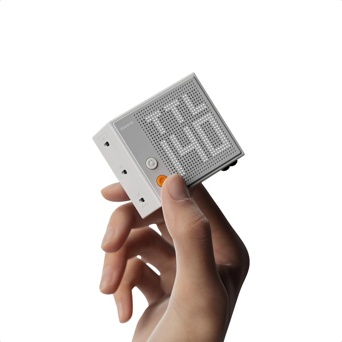 Compact cube charger with three USB-C ports and a dot-matrix display showing real-time power output