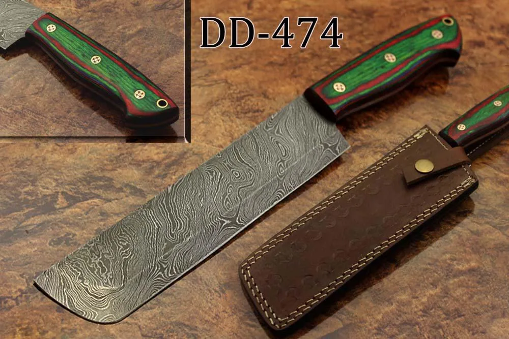 Damascus Depot Damascus Depot 12.5" Nakiri Knife, 7.5" Blade, Green Maroon Wood, Leather Sheath — product photo