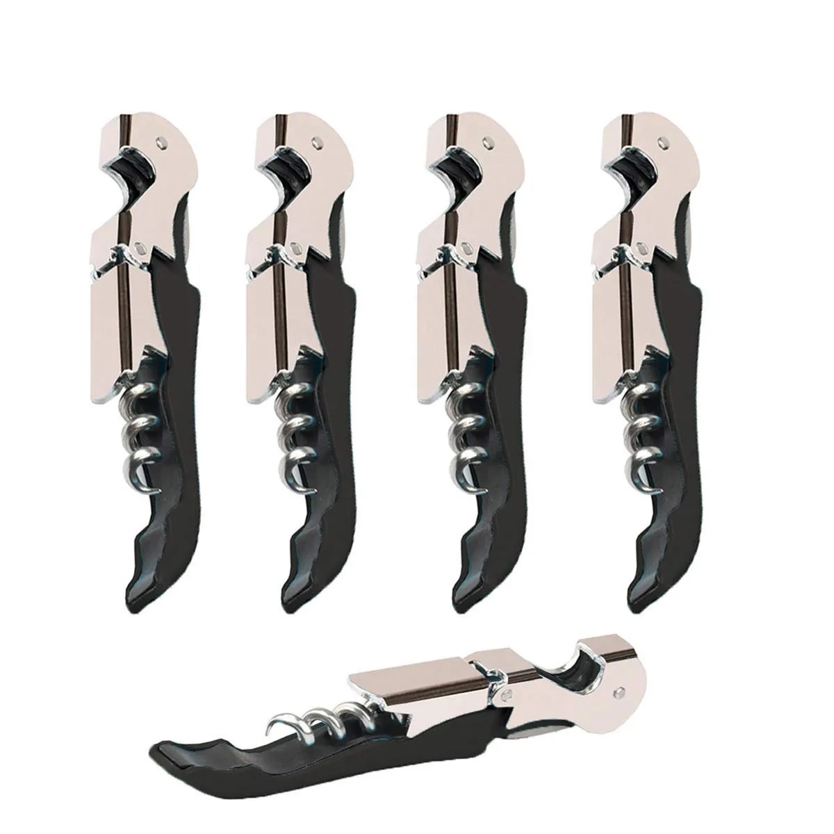 Four folded stainless steel waiter corkscrews with hinged levers and foil cutters