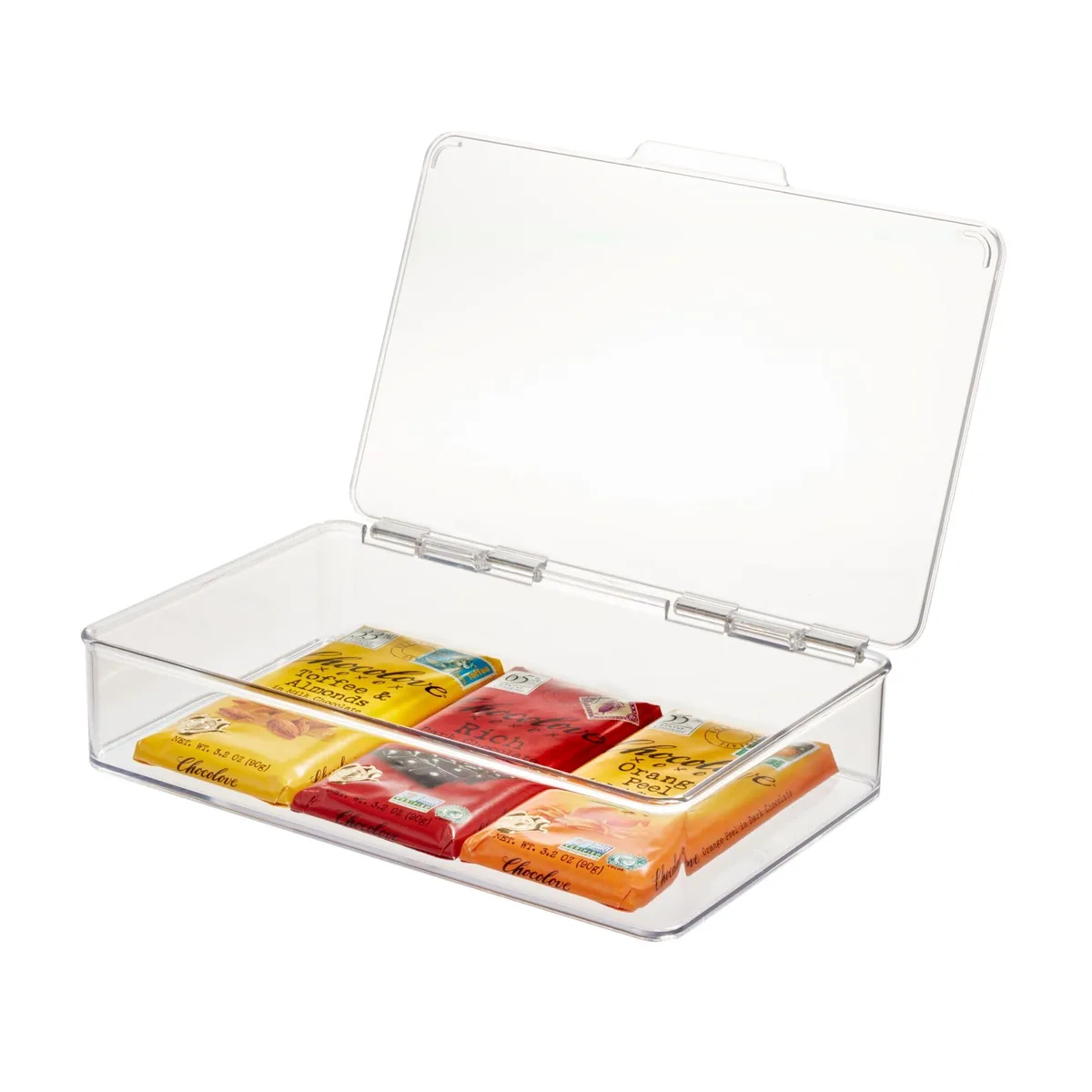 Clear rectangular plastic storage bin with hinged lid