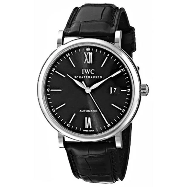 Stainless steel round case black dial crocodile leather strap