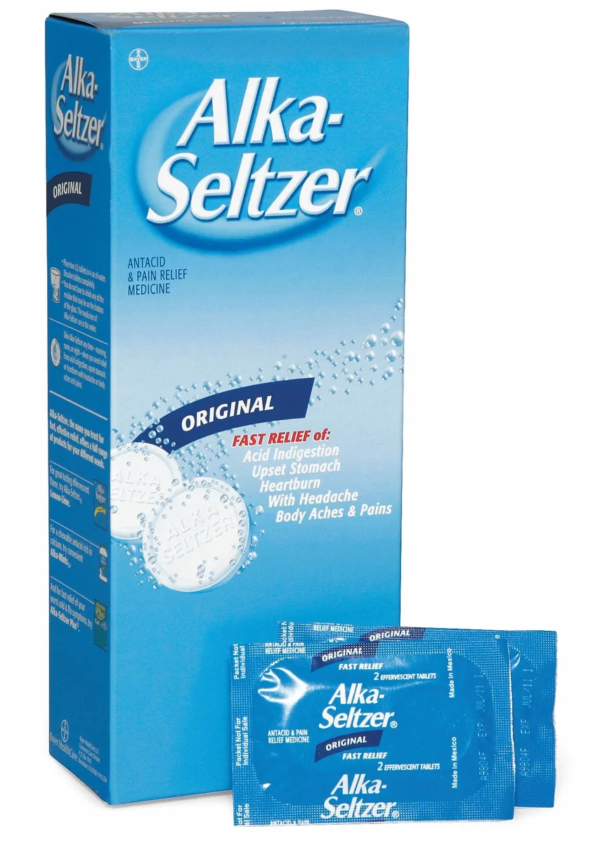 Box of 72 Alka-Seltzer effervescent tablets in foil packets