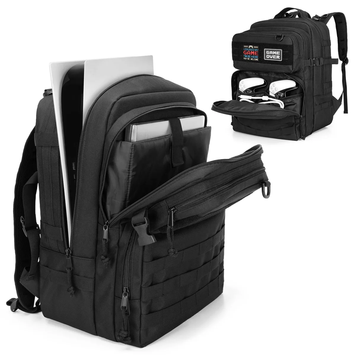 Black nylon backpack with padded console compartment and 15.6 laptop sleeve