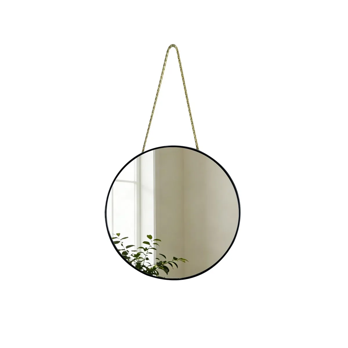 Round black plastic framed mirror, 8.66 inch diameter, polished finish
