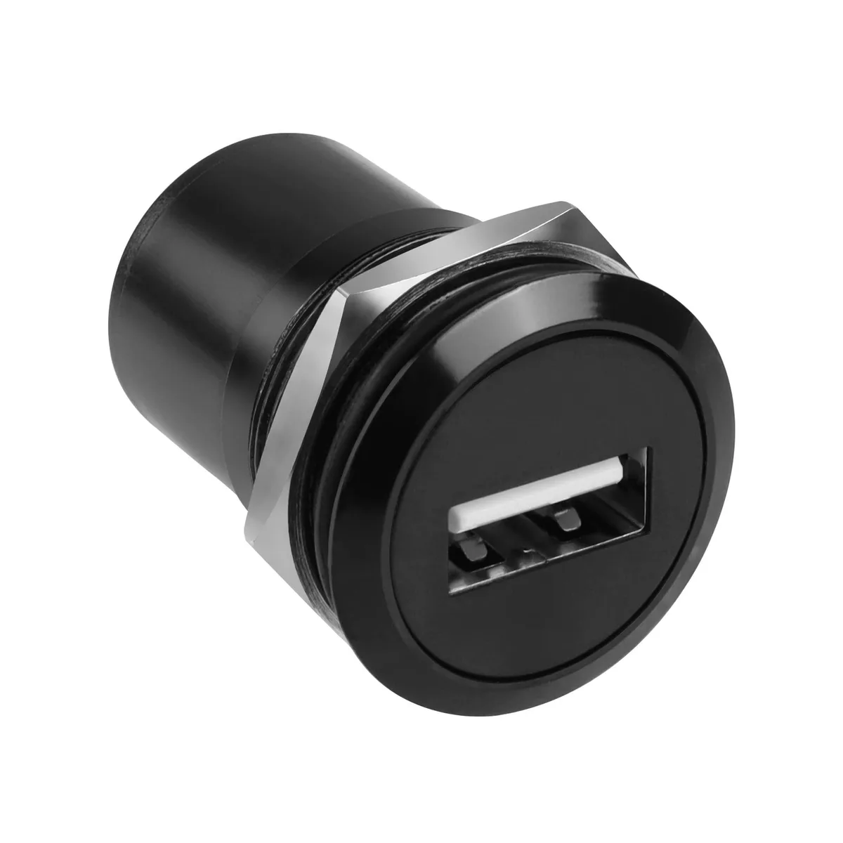 Black round USB 2.0 to USB B threaded panel-mount adapter with zinc-alloy housing and mounting nut