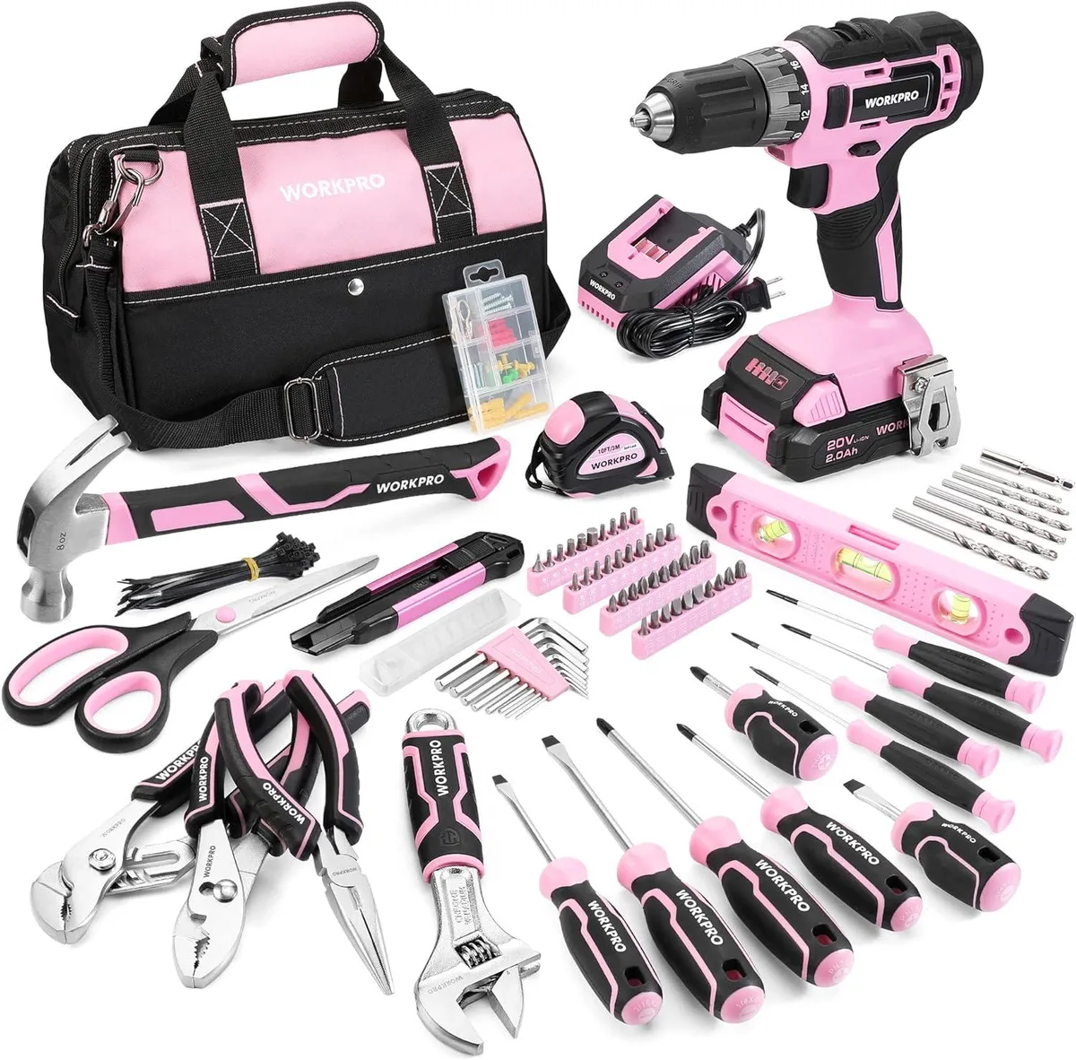 Pink 157-piece electrician tool kit with 20V cordless drill in pink tool bag