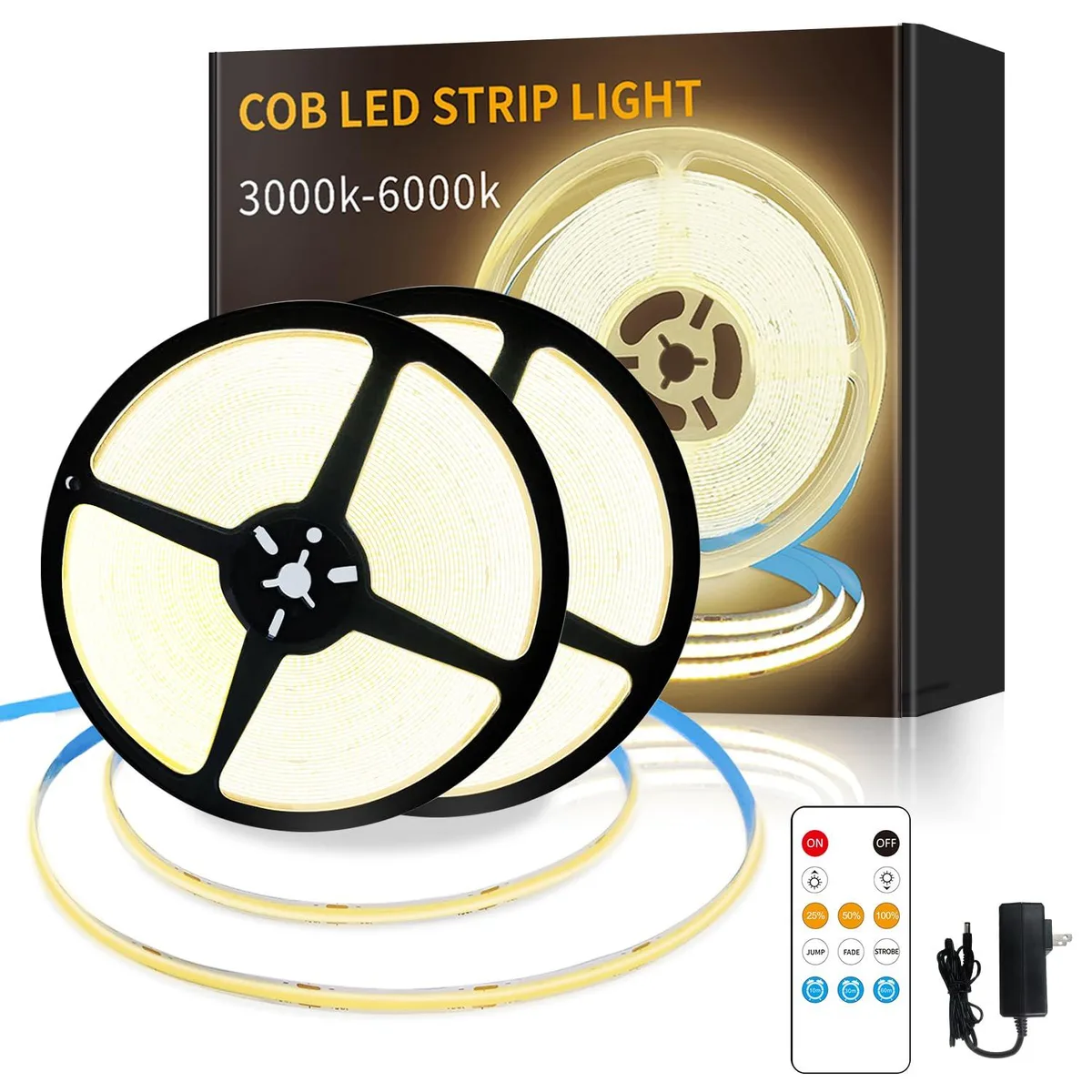 White flexible COB LED strip on a reel, 100ft length, warm white finish