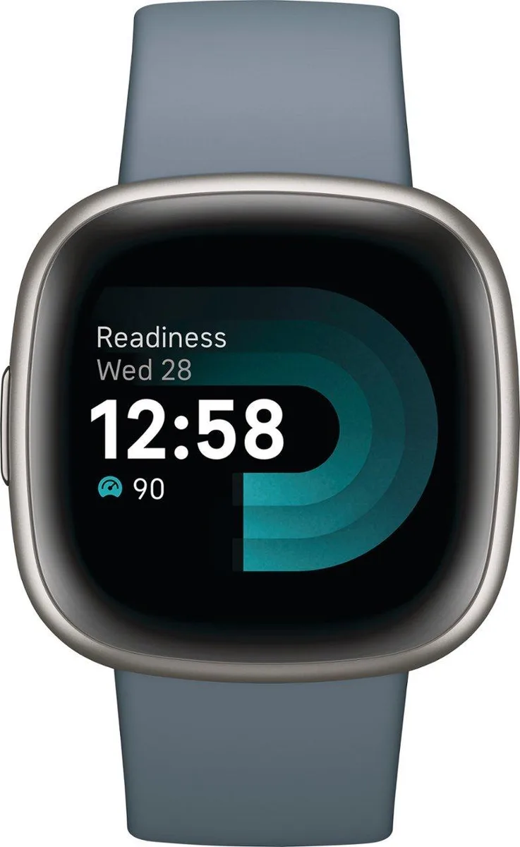 Fitbit Versa 4 smartwatch in Waterfall Blue with Platinum finish