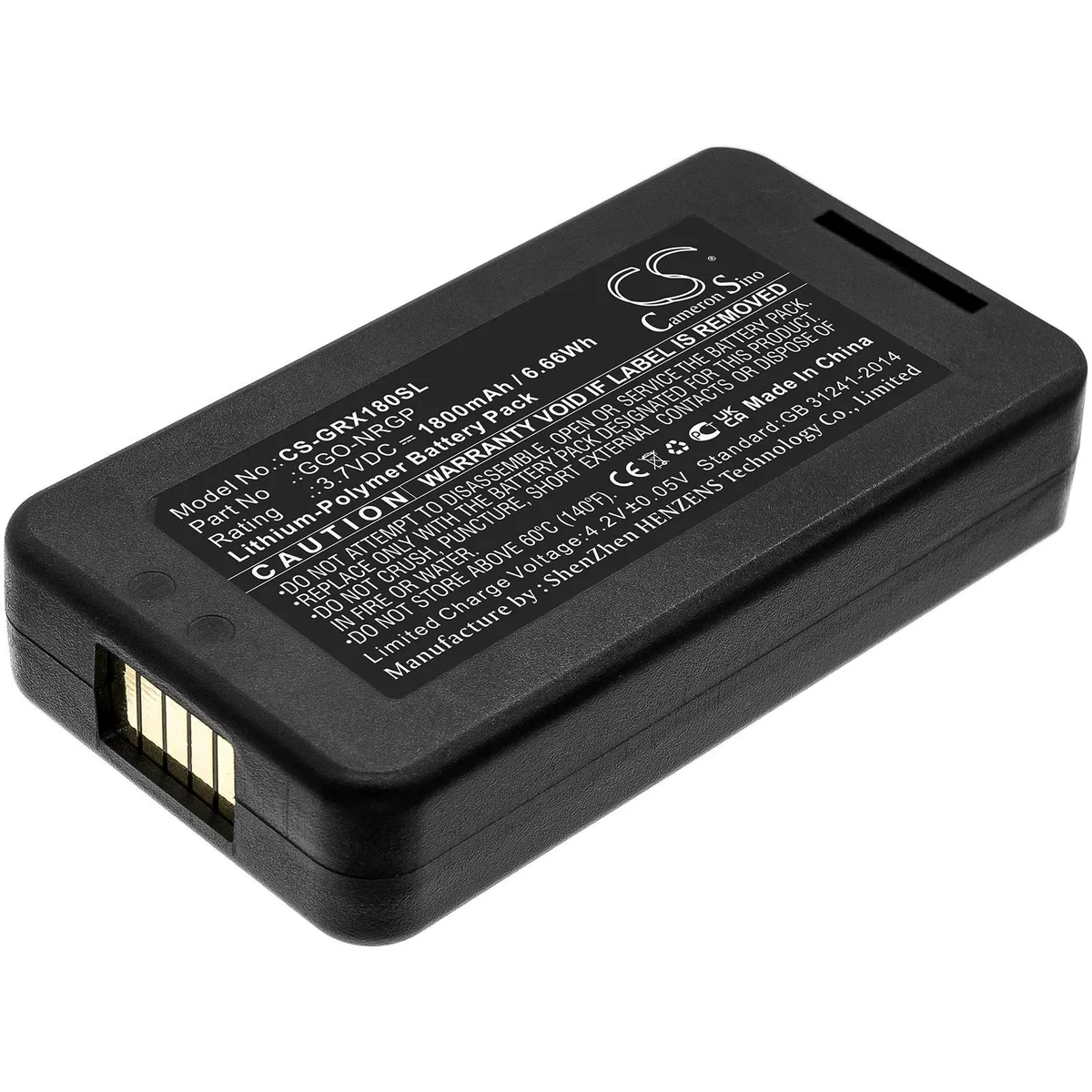 Small rectangular battery pack with black plastic casing and gold contacts
