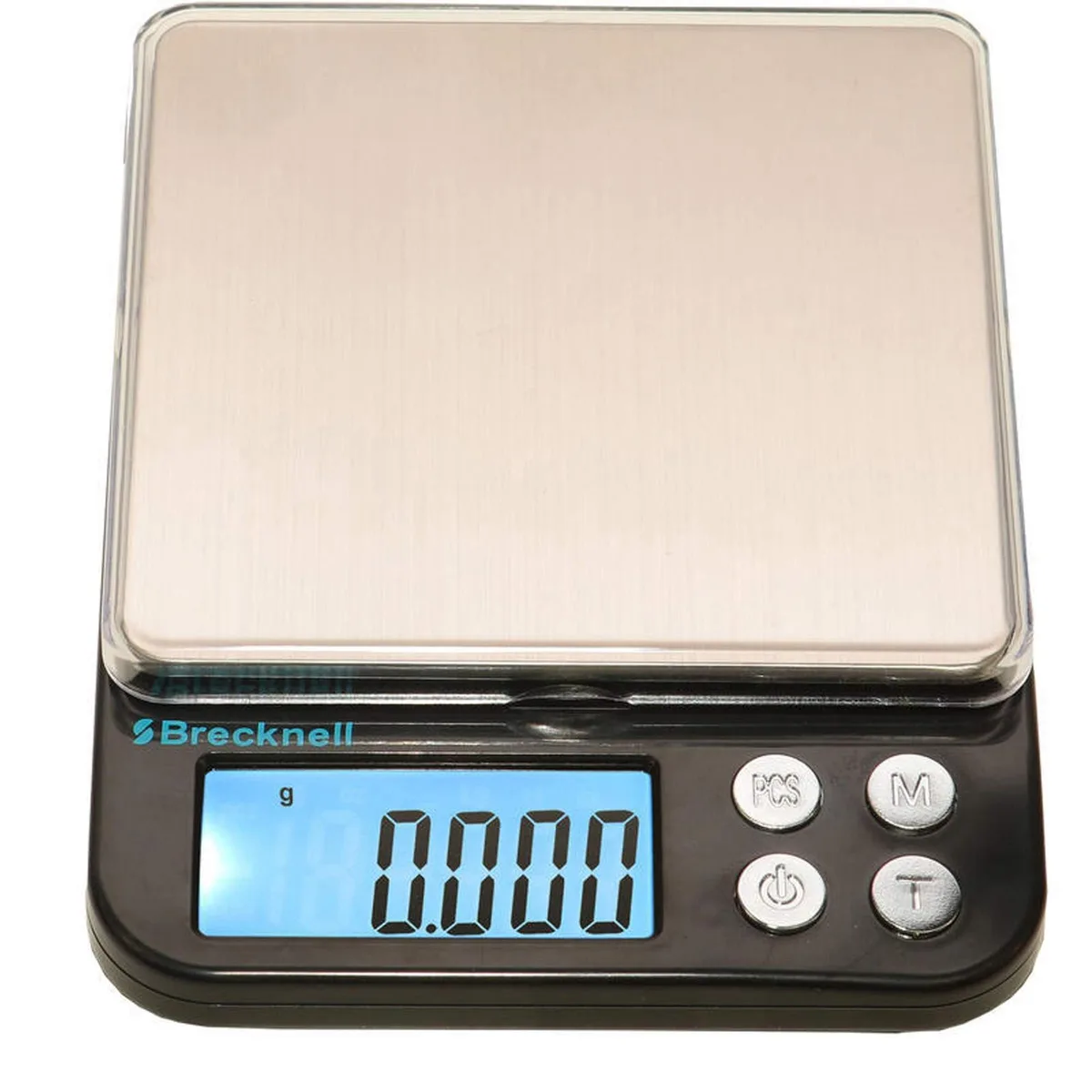 Compact black digital scale with stainless steel weighing pan and backlit LCD display