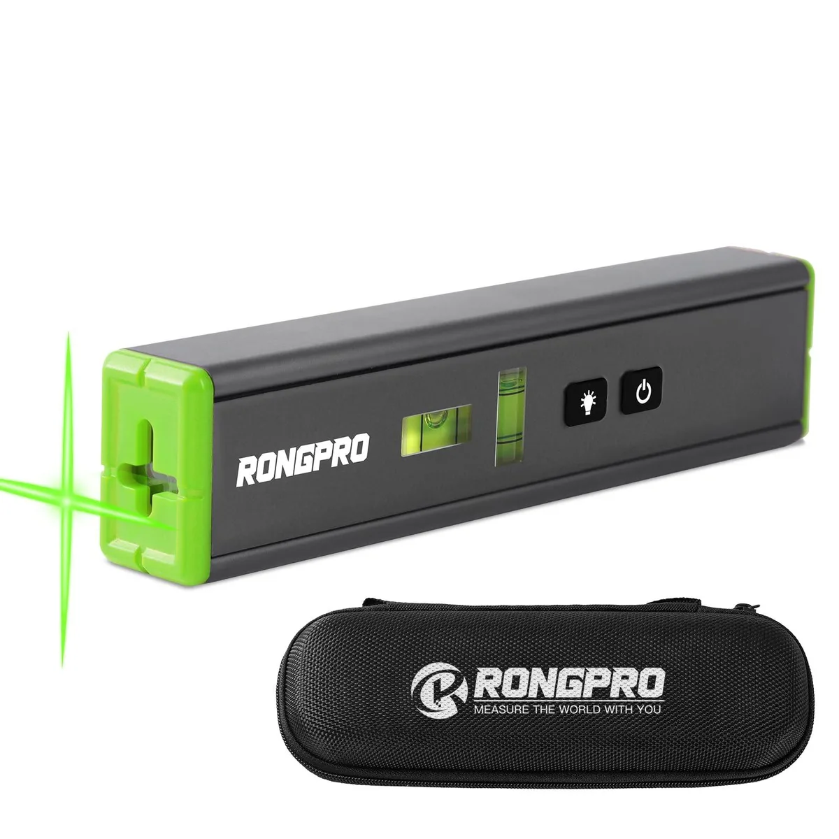 Black rectangular mini level with green cross laser line and bubble vials