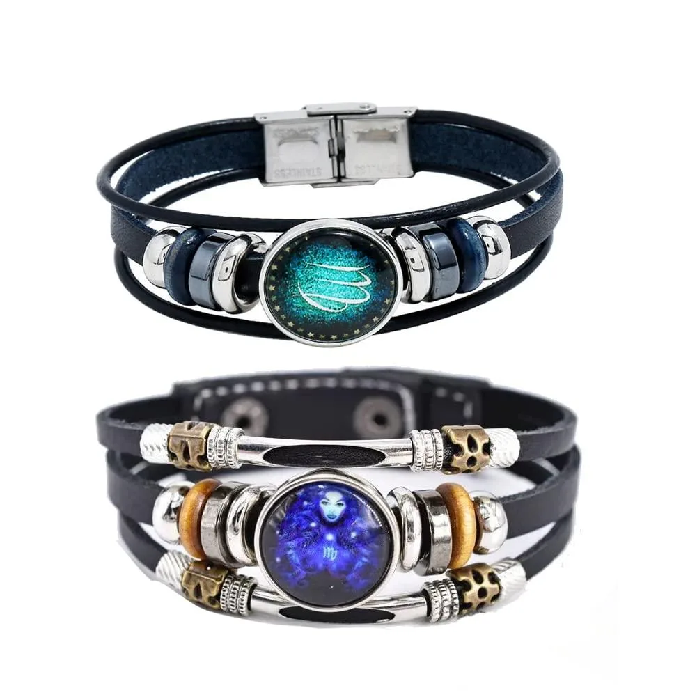 Two Virgo constellation leather wrap bracelets, multilayer woven, adjustable to 8.26 and 8.5 inches