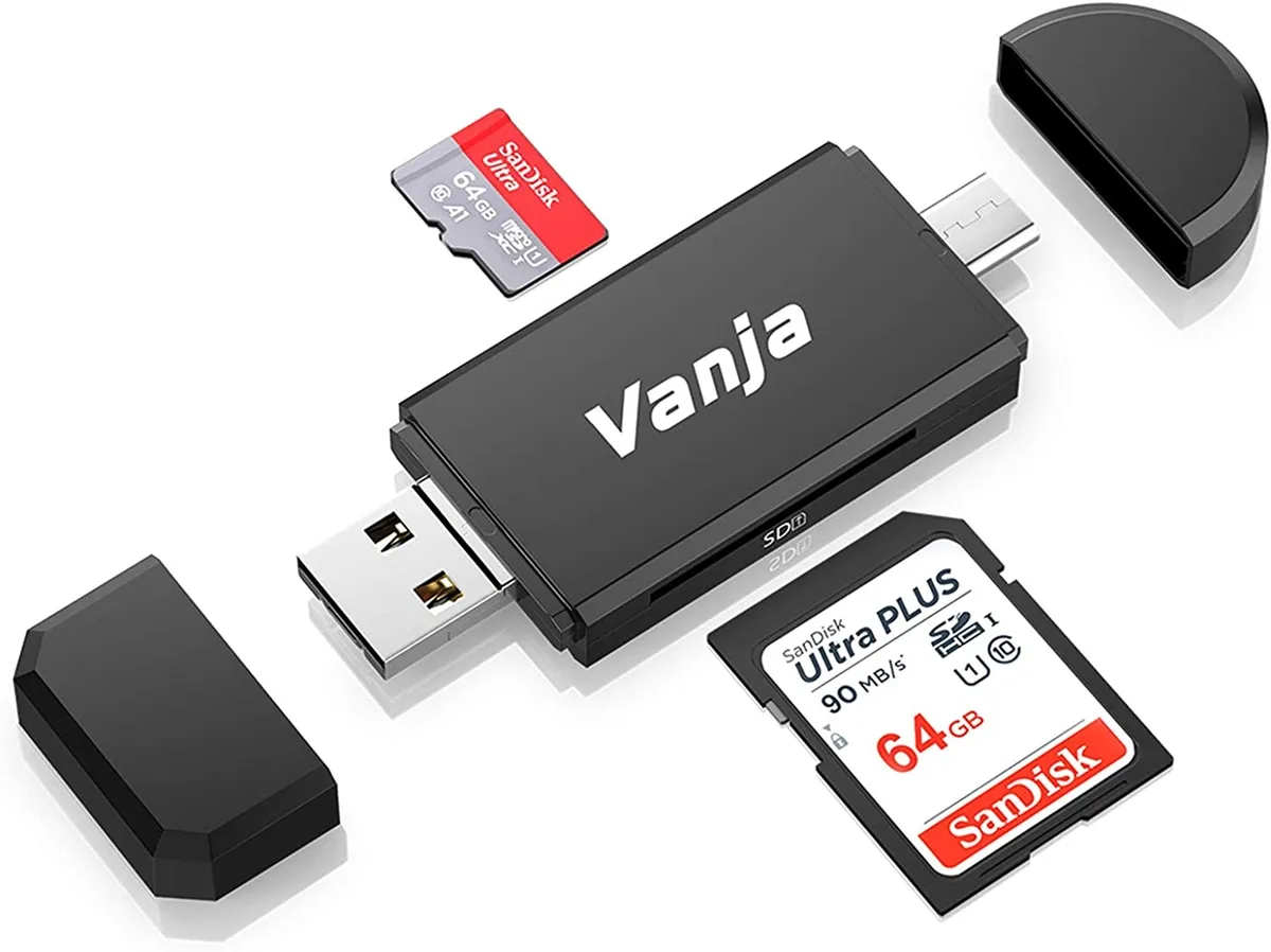 Small rectangular plastic card reader with USB-C and USB-A connectors and SD microSD slots