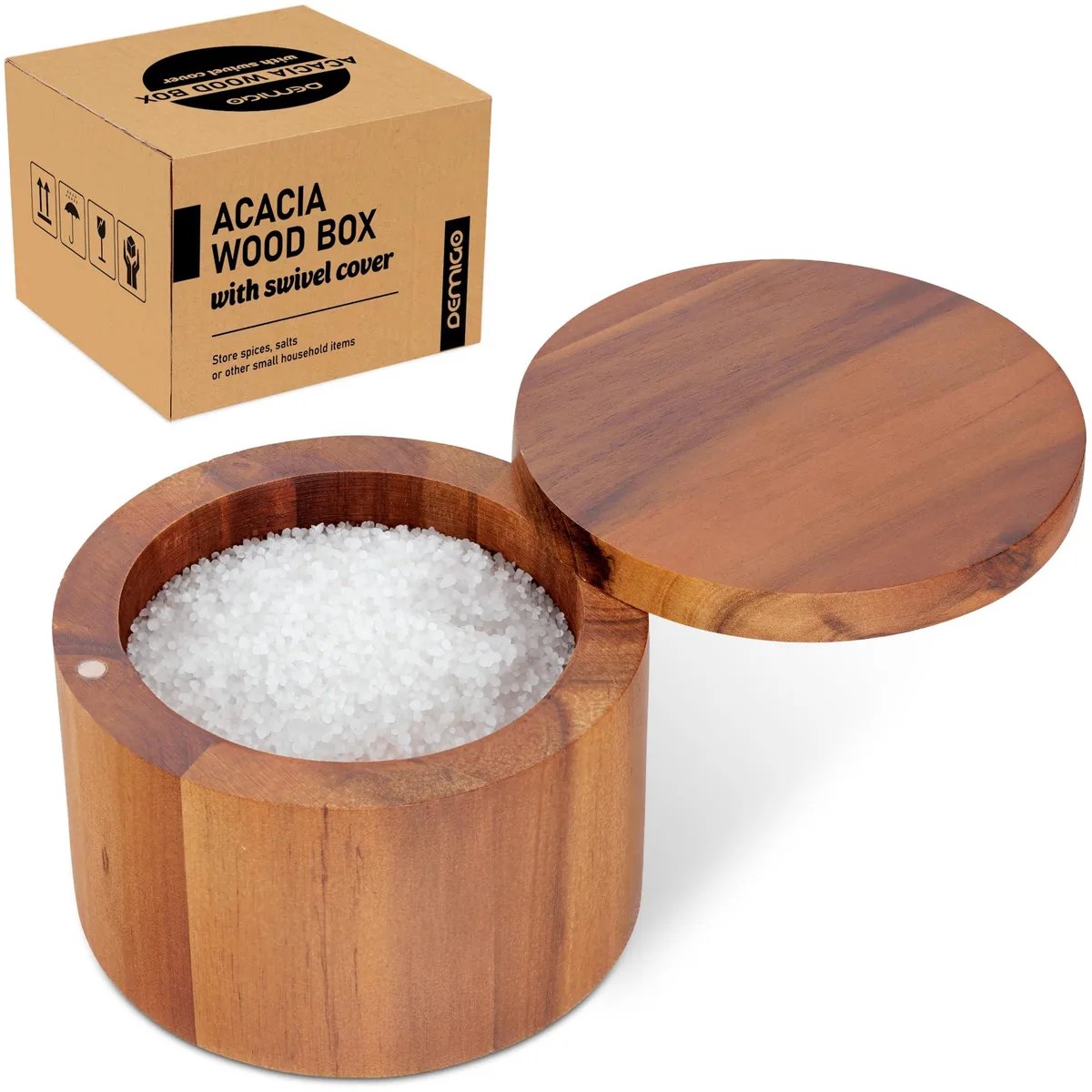  Demigo Acacia Wood Salt Cellar 9 oz Swivel Lid Magnet Lock — product photo