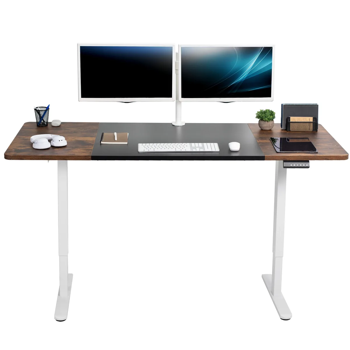 VIVO VIVO Electric Dual Motor Desk 71 x 30 Black &amp; Vintage Brown Top White Frame — product photo