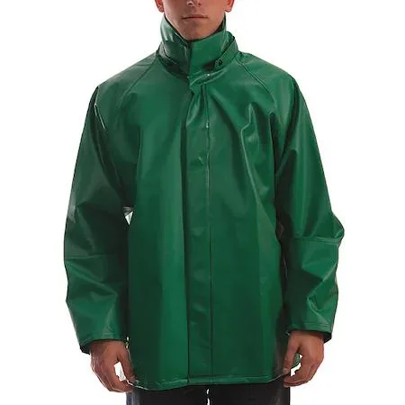 Green 2XL flame-resistant rain jacket, heavy-duty PVC, snap front with storm flap, hip length 32 in