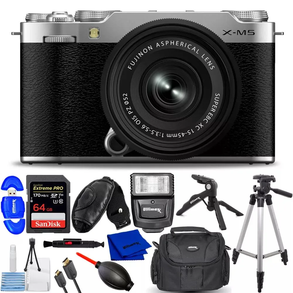 FUJIFILM FUJIFILM X-M5 compact mirrorless camera with XC 15-45mm lens silver 12PC bundle — product photo