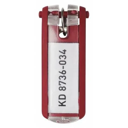 Red plastic key tags with snap-open label windows, six pieces