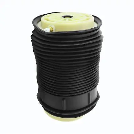 Black cylindrical rear left air spring with metal end caps and rubber bellows