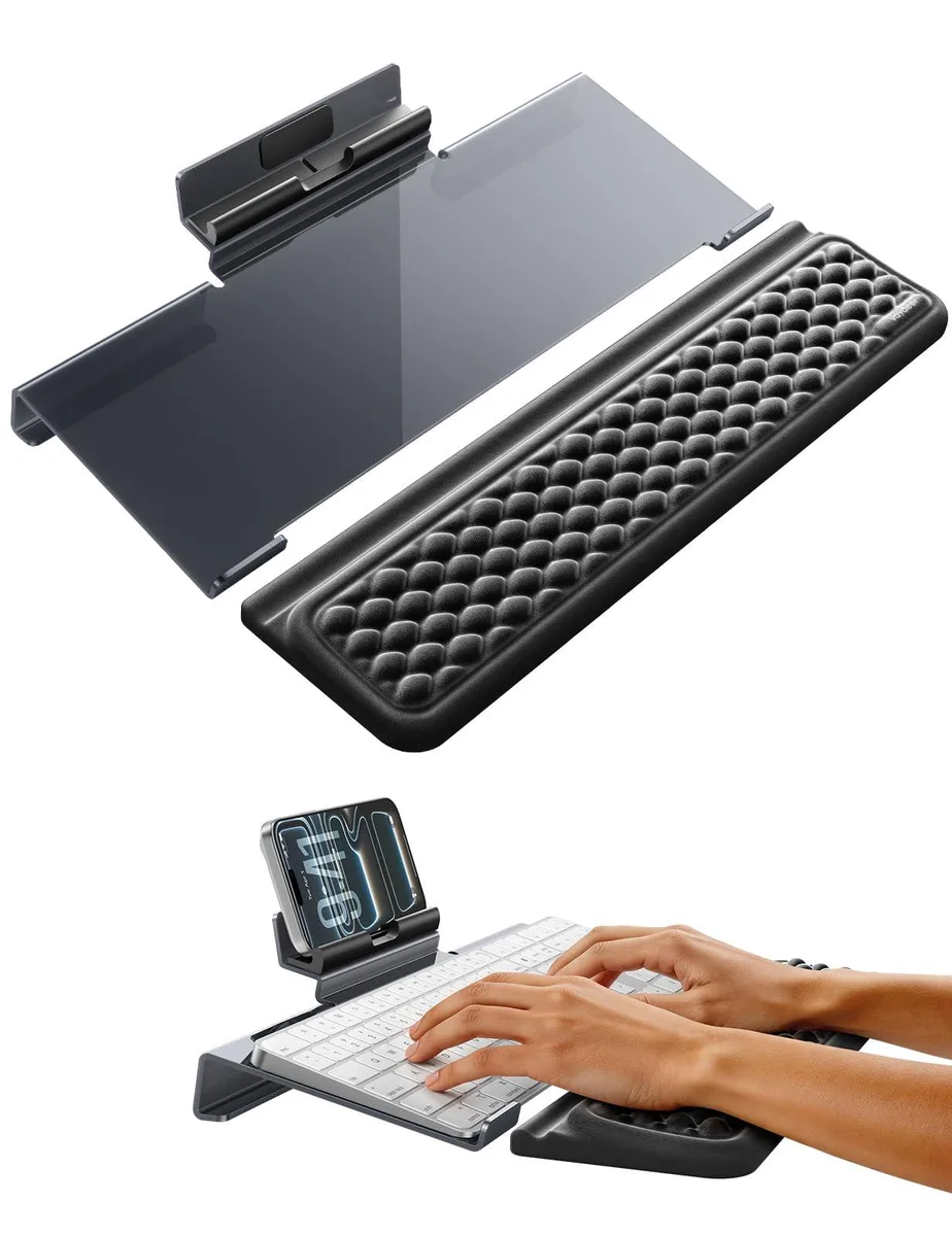  Vaydeer STW+021 3-in-1 Keyboard Stand Wrist Rest Phone Holder Acrylic Memory Foam 12.5° — product photo