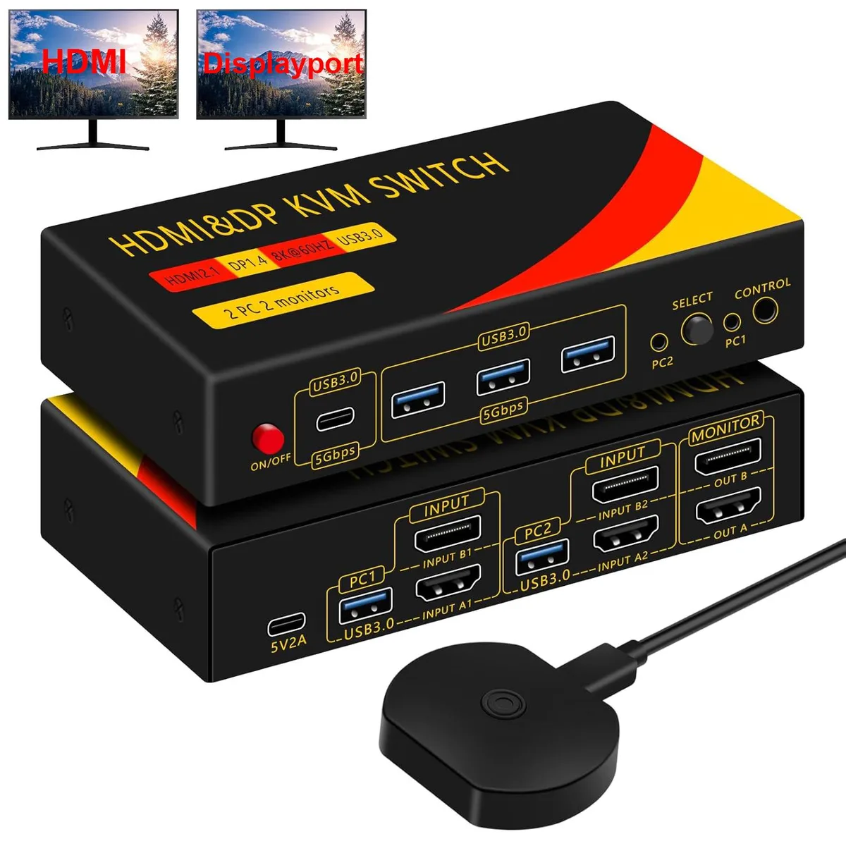 IHDAPP IHDAPP Dual Monitor HDMI DisplayPort KVM Switch 8K@60Hz 2 PCs 2 Monitors 3 USB-A 1 USB-C Desktop Controller — product photo
