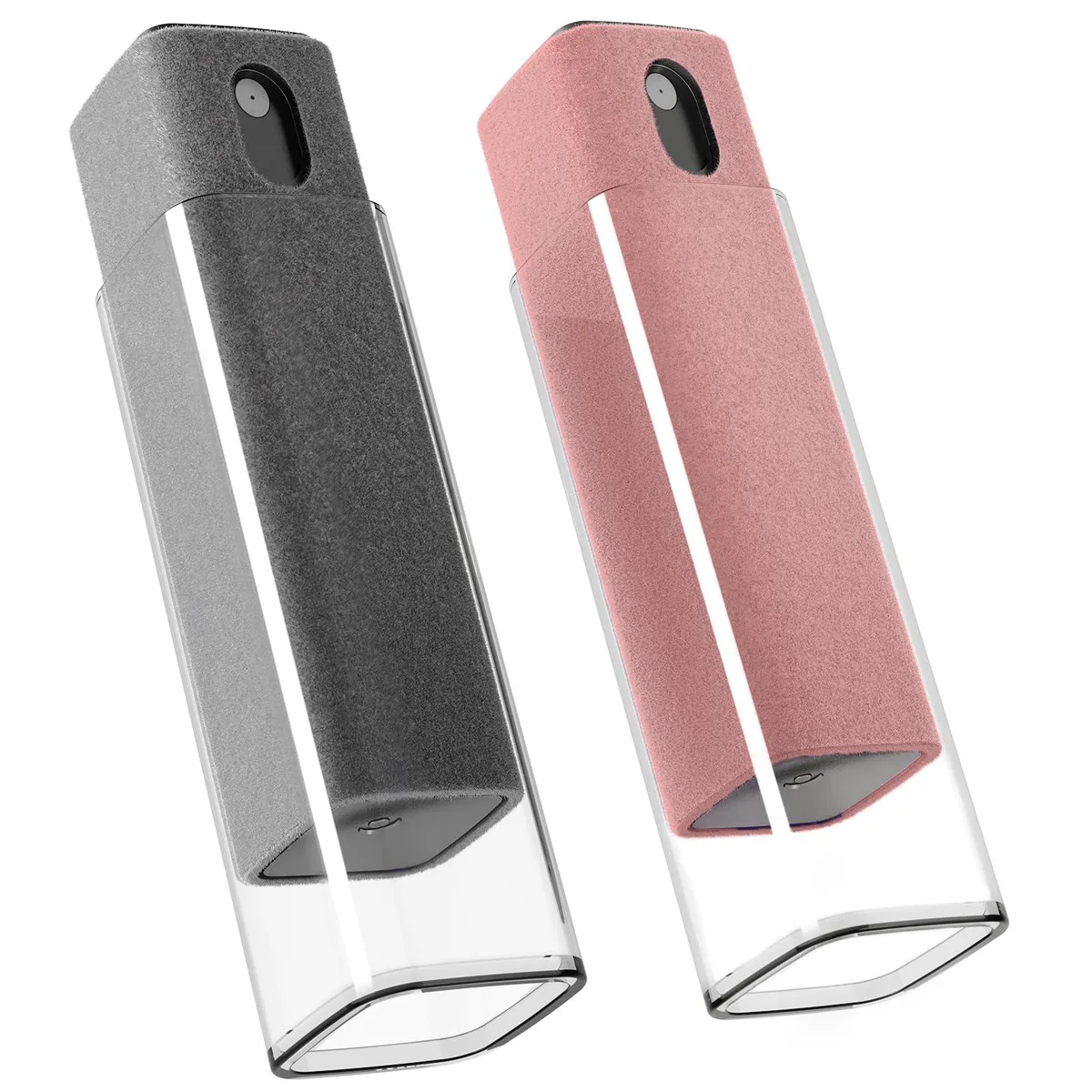 Two compact spray bottles, grey and rose gold, each with a built-in microfiber cleaning pad