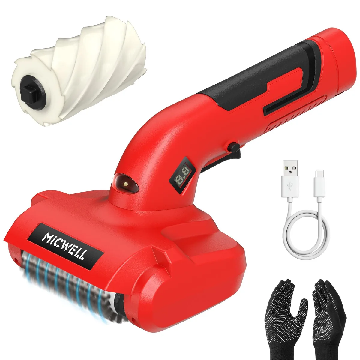 Black cordless grill brush with stainless steel head, LED light, and battery display, 6.1 by 4.7 by 11.8 inches