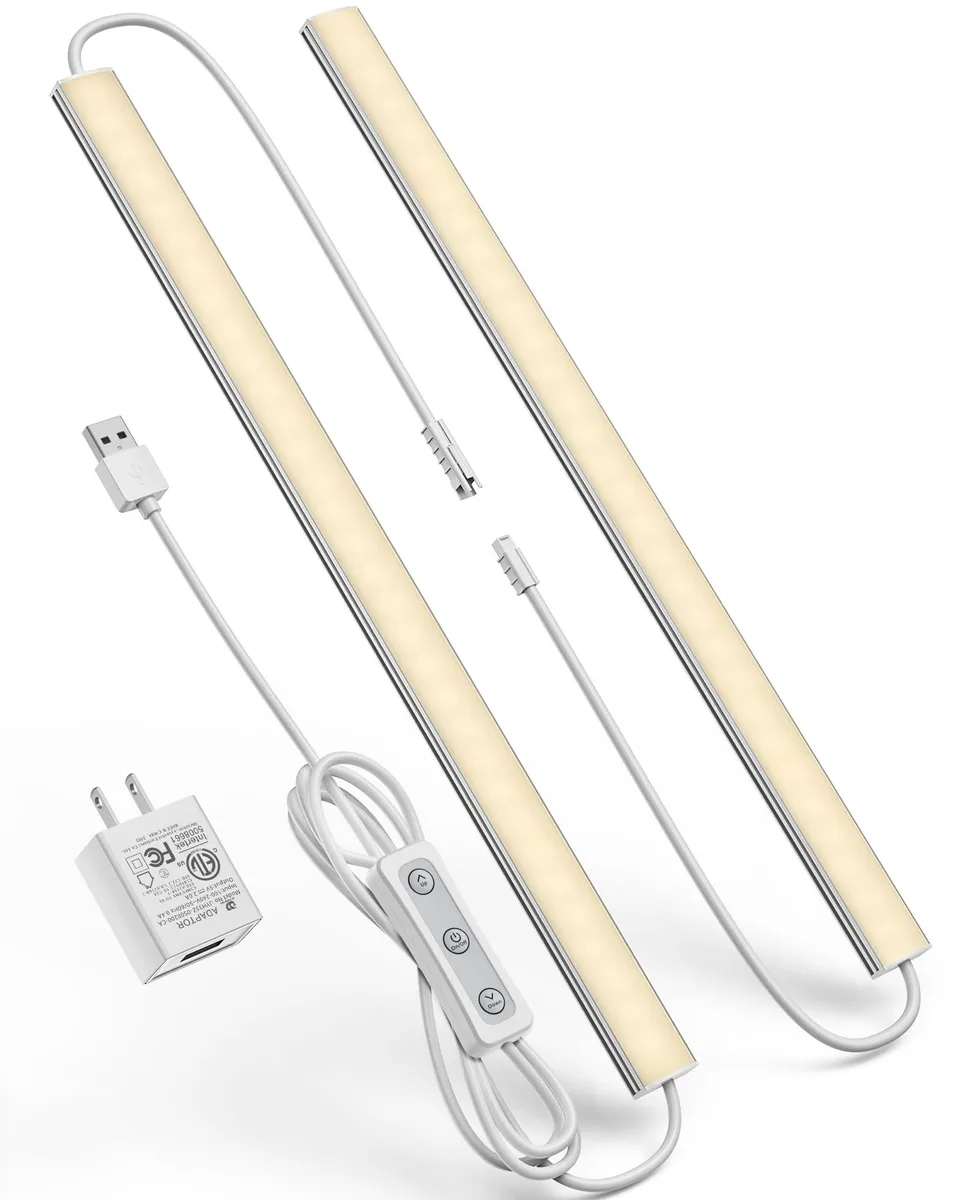Two slim white LED bars with clear prismatic covers, 11.5 by .7 by .27 inches each, USB plug-in