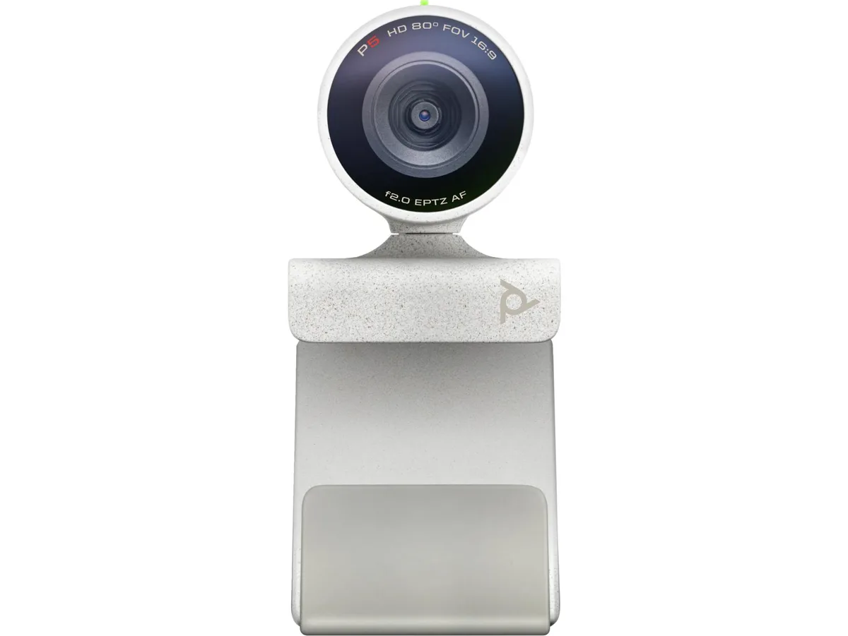 Compact black webcam with integrated privacy shutter and monitor clamp
