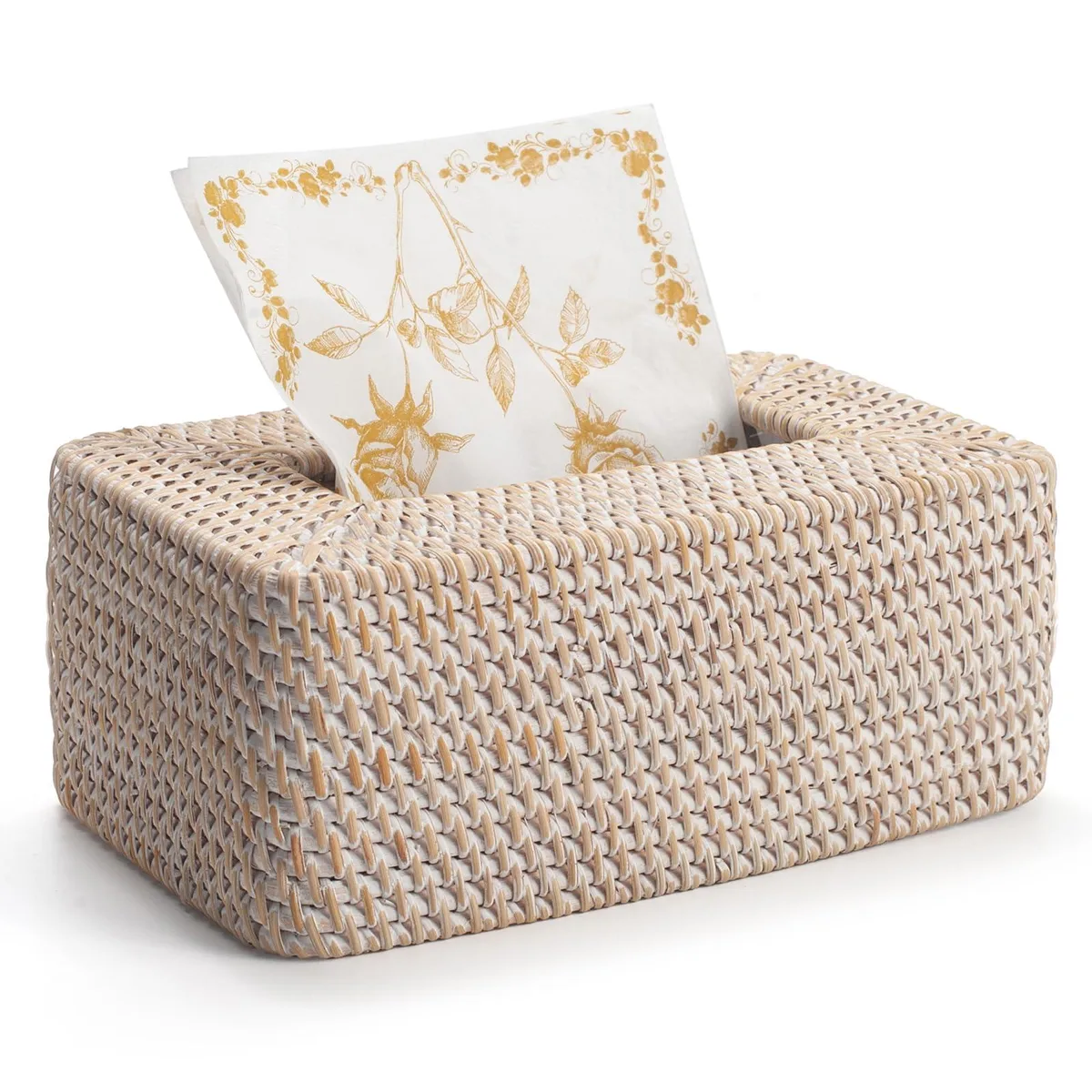 White rectangular rattan tissue box cover with open bottom, woven natural finish