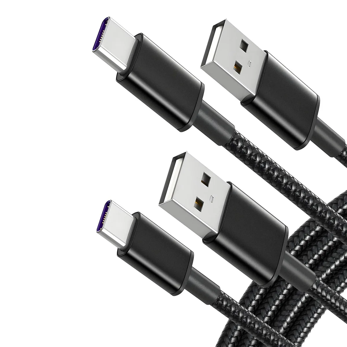 Two black USB-C cables with nylon braided finish, ten feet long, male-to-male connectors