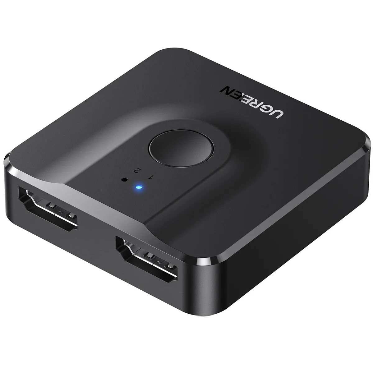 Small black square HDMI switch with button and ports