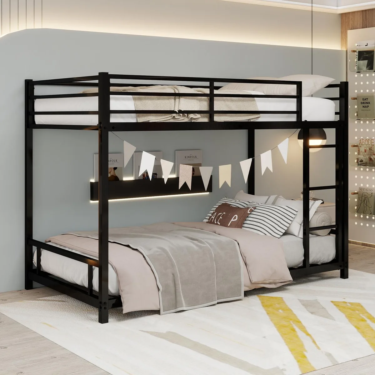 Black metal twin-over-twin bunk bed with ladder and guardrails