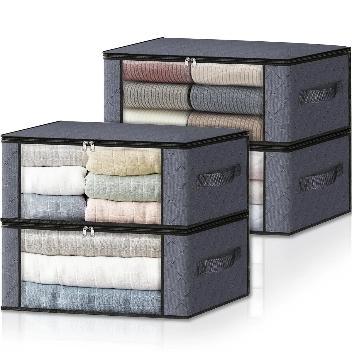Four grey foldable fabric storage boxes with clear windows and reinforced handles