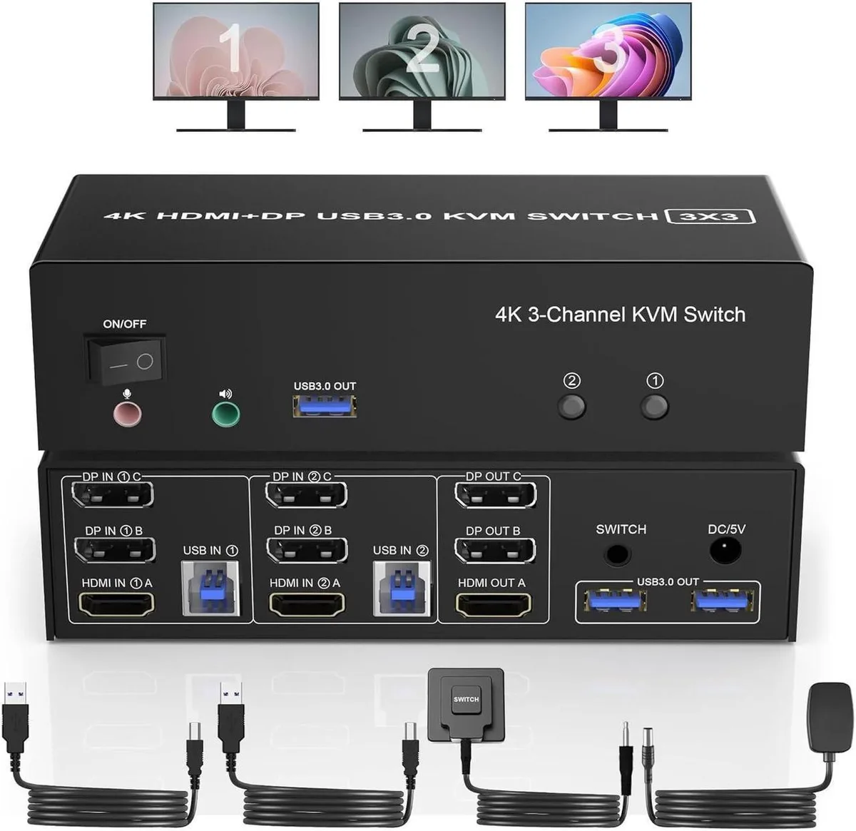 Vszerda Vszerda HDMI + 2 DisplayPort USB 3.0 KVM Switch Triple Monitor 4K@60Hz 2 Computers 3 Monitors — product photo