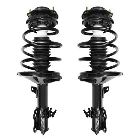 Pair of silver front strut assemblies with coil springs and top mounts
