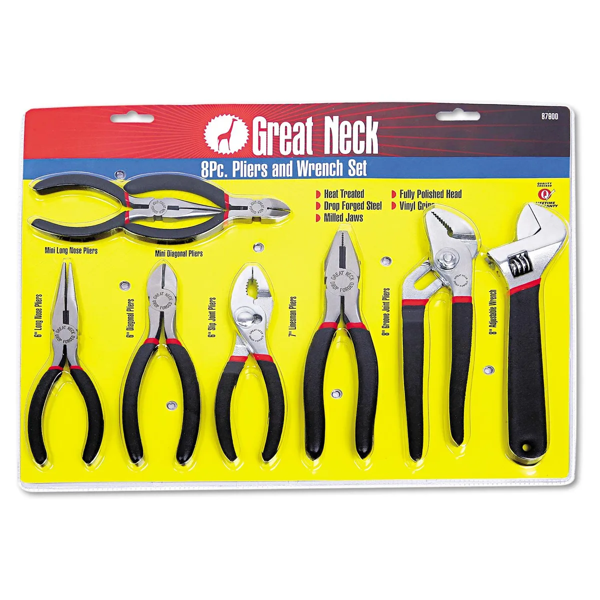 Eight steel pliers and an adjustable wrench with polished heads and vinyl grips